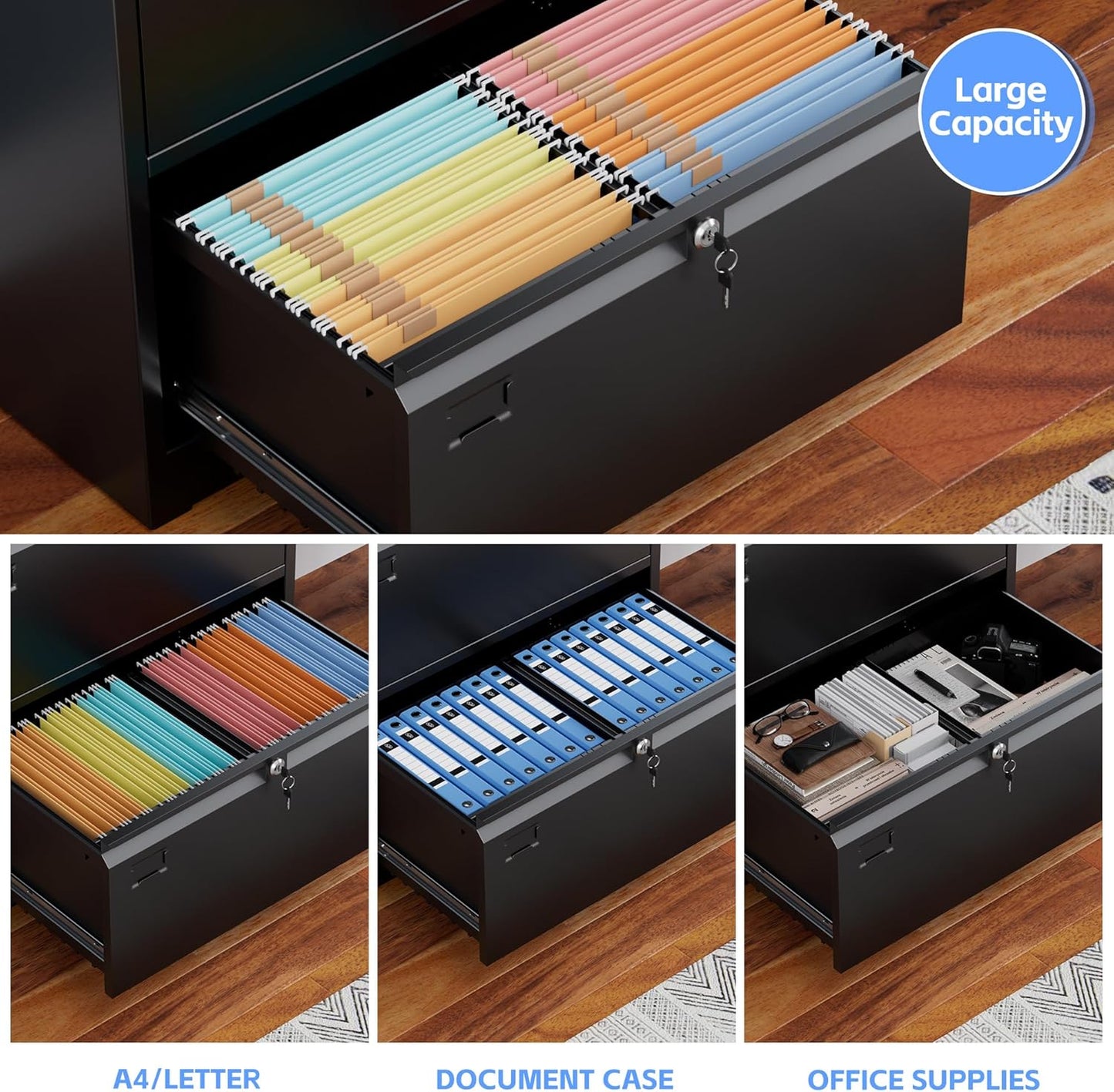 4 Drawer Lateral File Cabinet, Metal Wide Filing Cabinet With Independent Locks