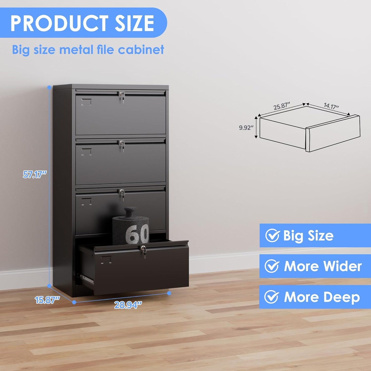 4 Drawer Lateral File Cabinet, Metal Wide Filing Cabinet With Independent Locks