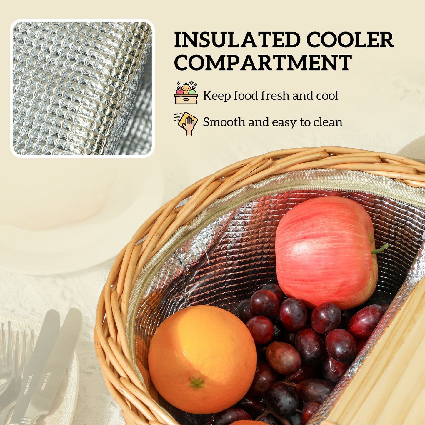 Wicker Picnic Basket For 2 With Pine Wood Lid