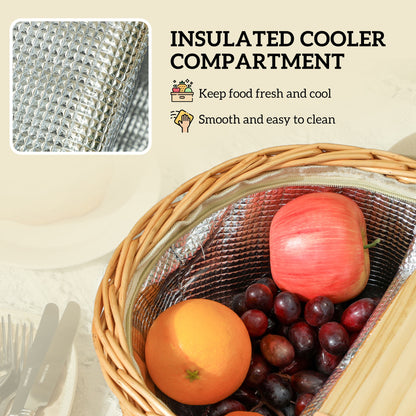 Wicker Picnic Basket For 2 With Pine Wood Lid