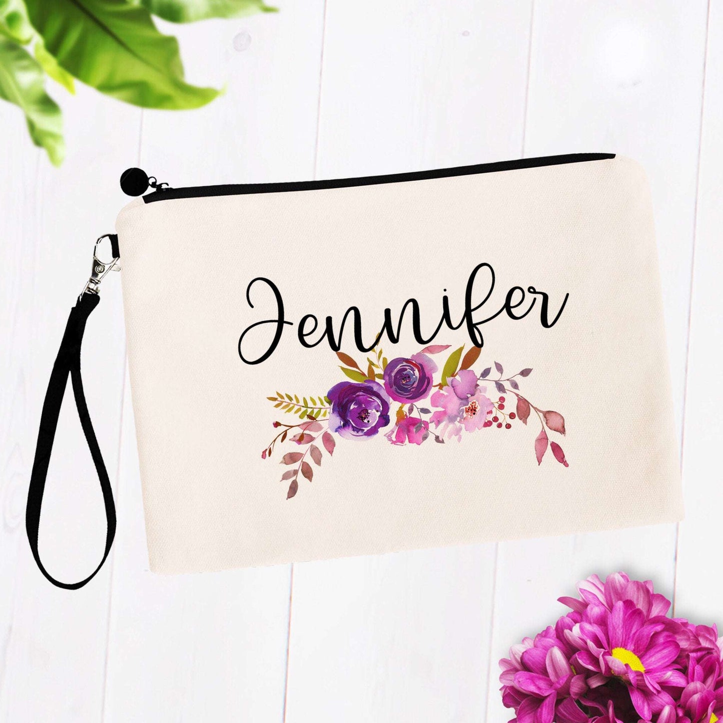 Custom Name Personalized Purple Floral Makeup Bag
