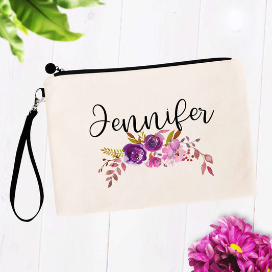 Custom Name Personalized Purple Floral Makeup Bag
